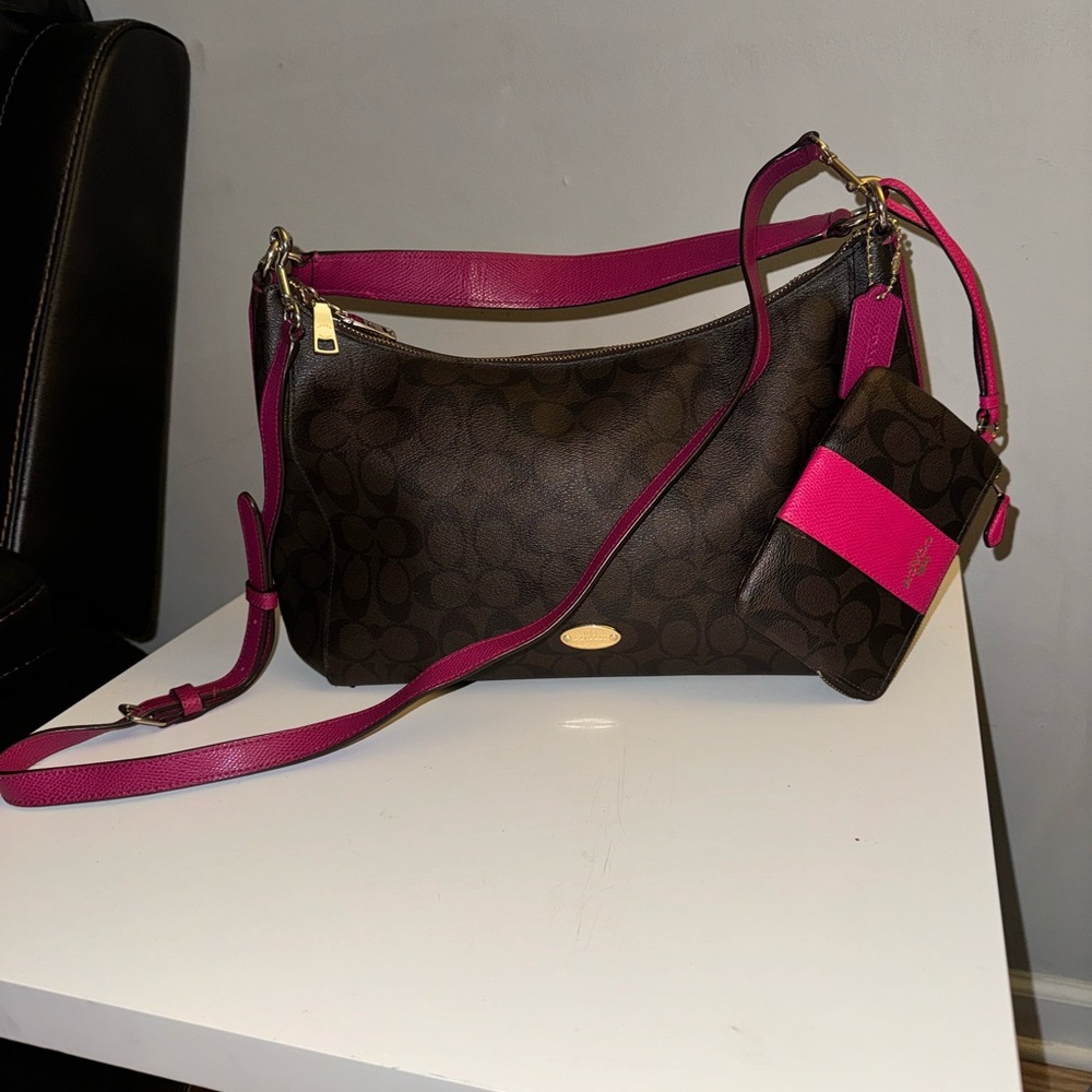 Pink & Brown Leather Coach purse with crossbody strap & matching wallet.
